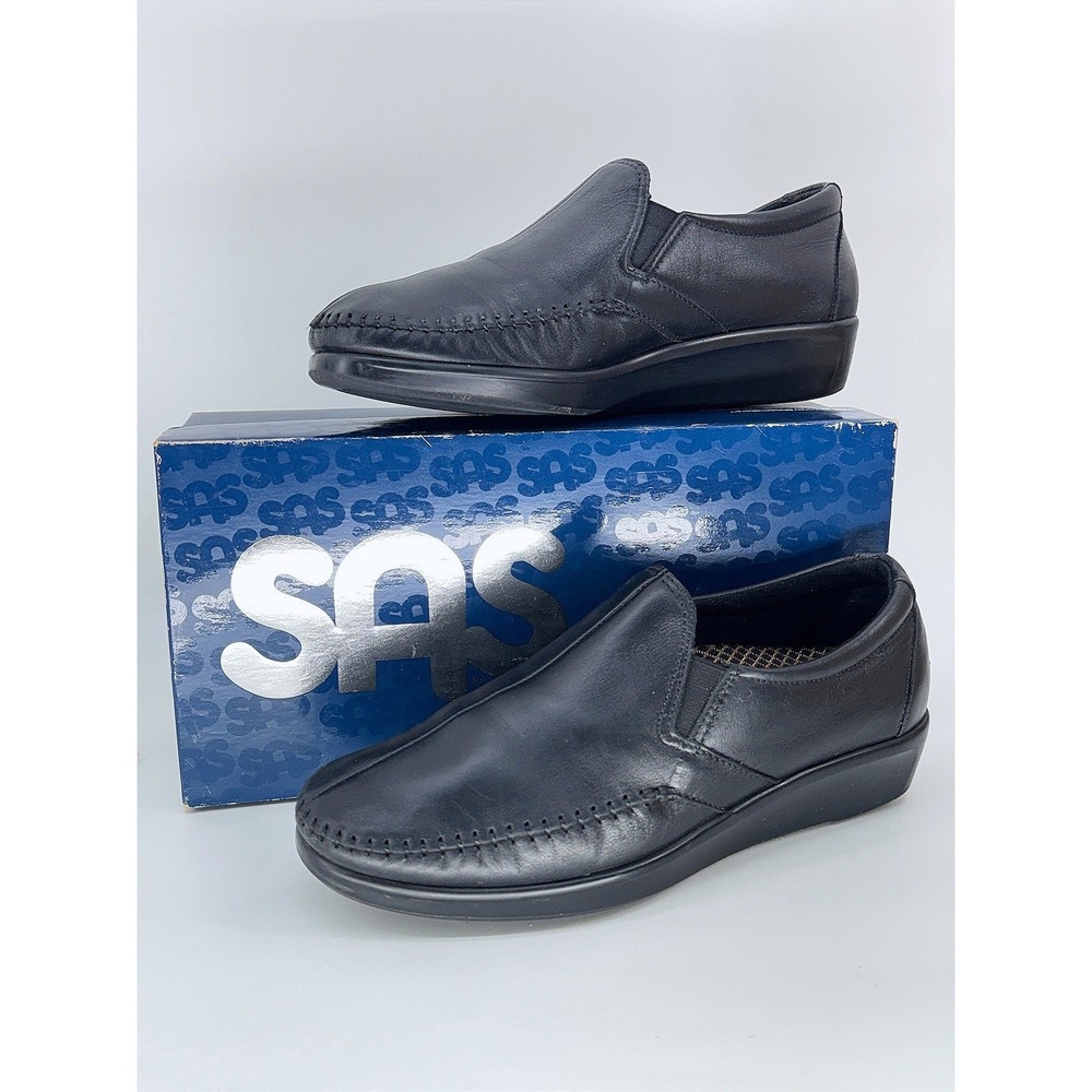 SAS Slip On Shoes Womens 9 W Black Leather Tripad Comfort Loafers Made in USA